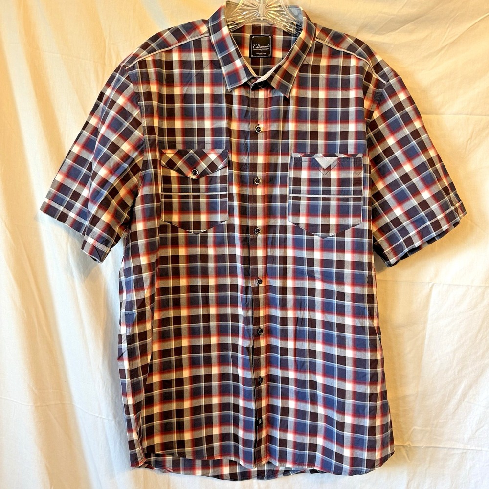 7 Diamonds The Ride Short Sleeve Button Down Mens Shirt Red Blue‎ Gray Plaid XL - Picture 4 of 15